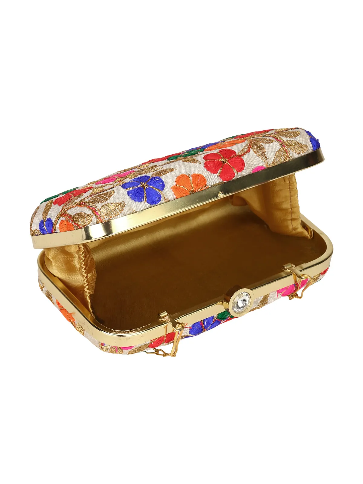 Beige embroidered box clutch