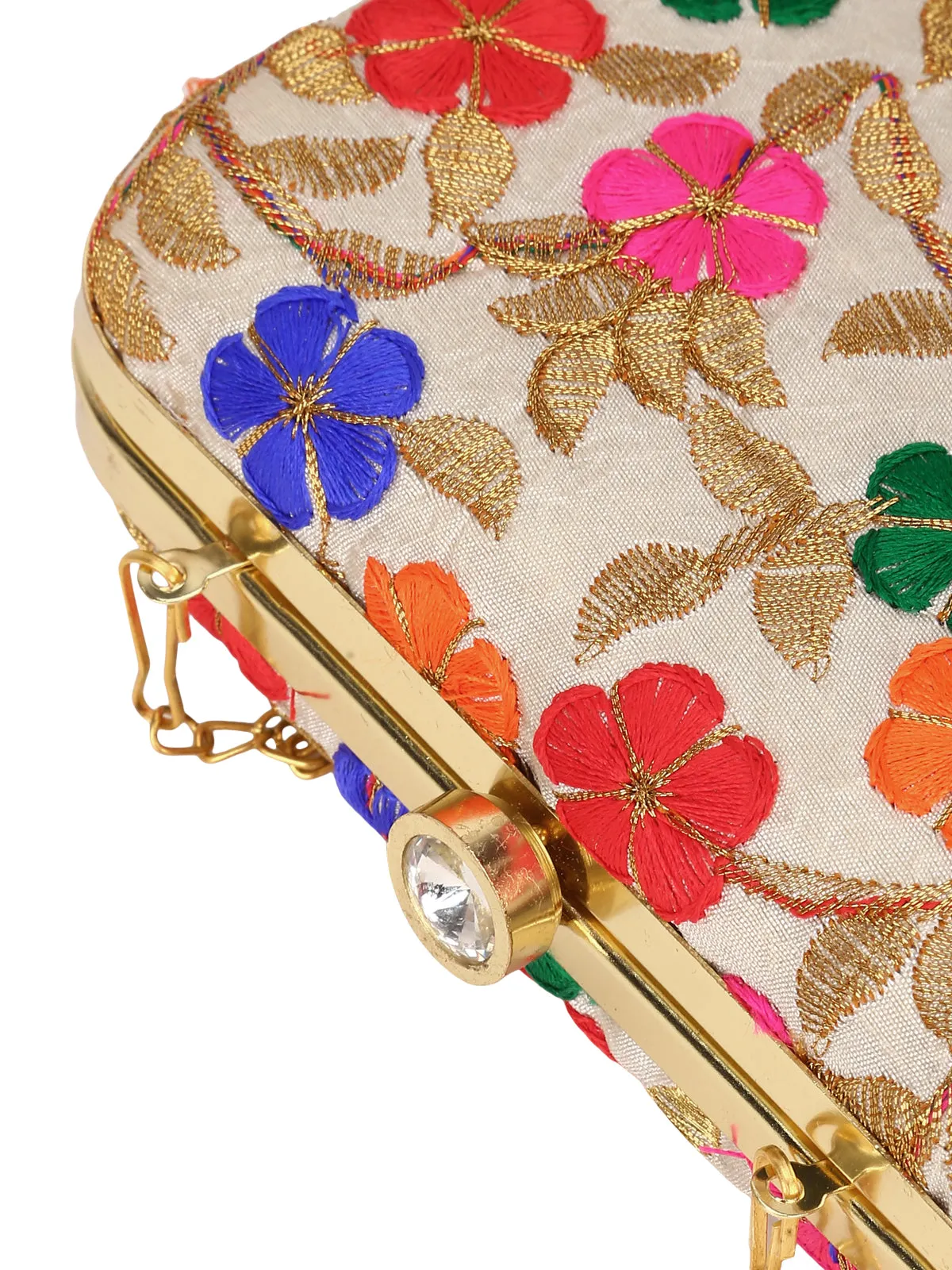 Beige embroidered box clutch