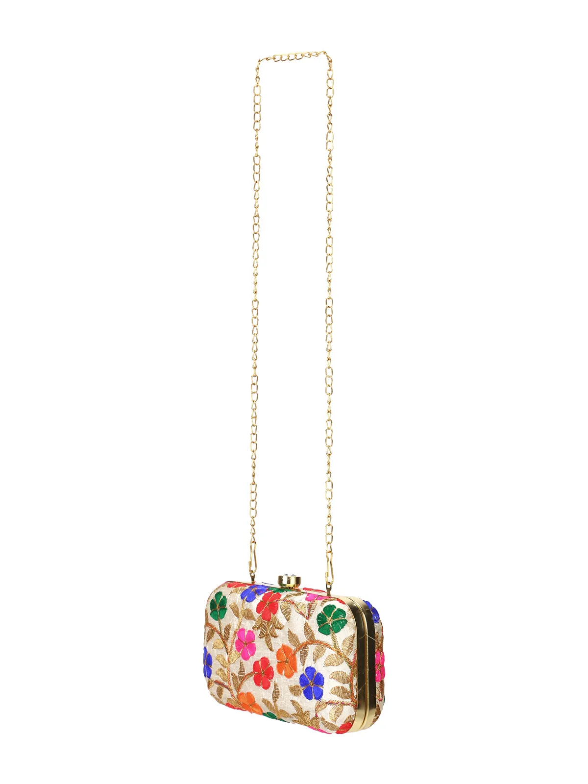 Beige embroidered box clutch