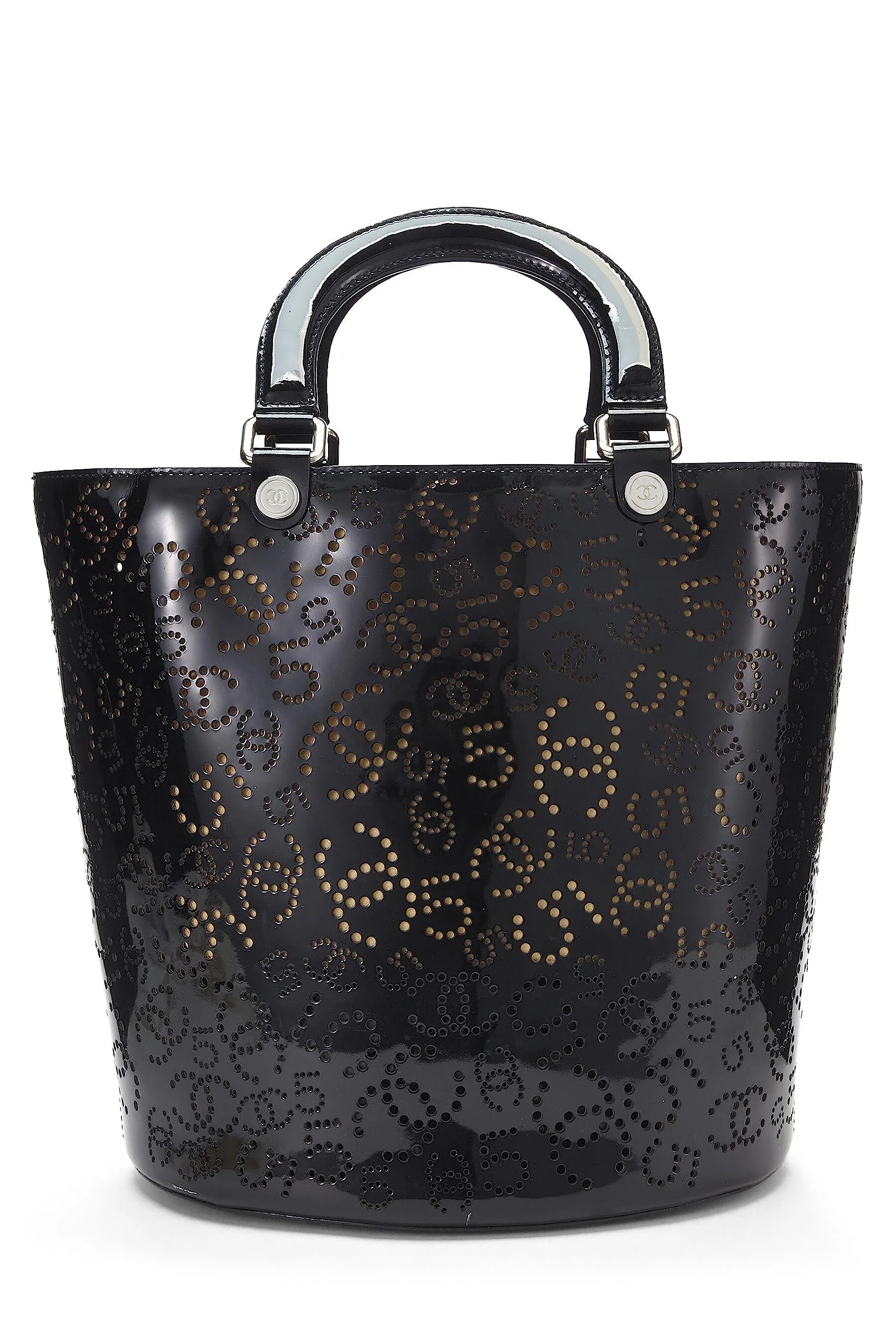 Chanel,  Black Perforated Patent Leather Vertical Bucket Tote, Black
