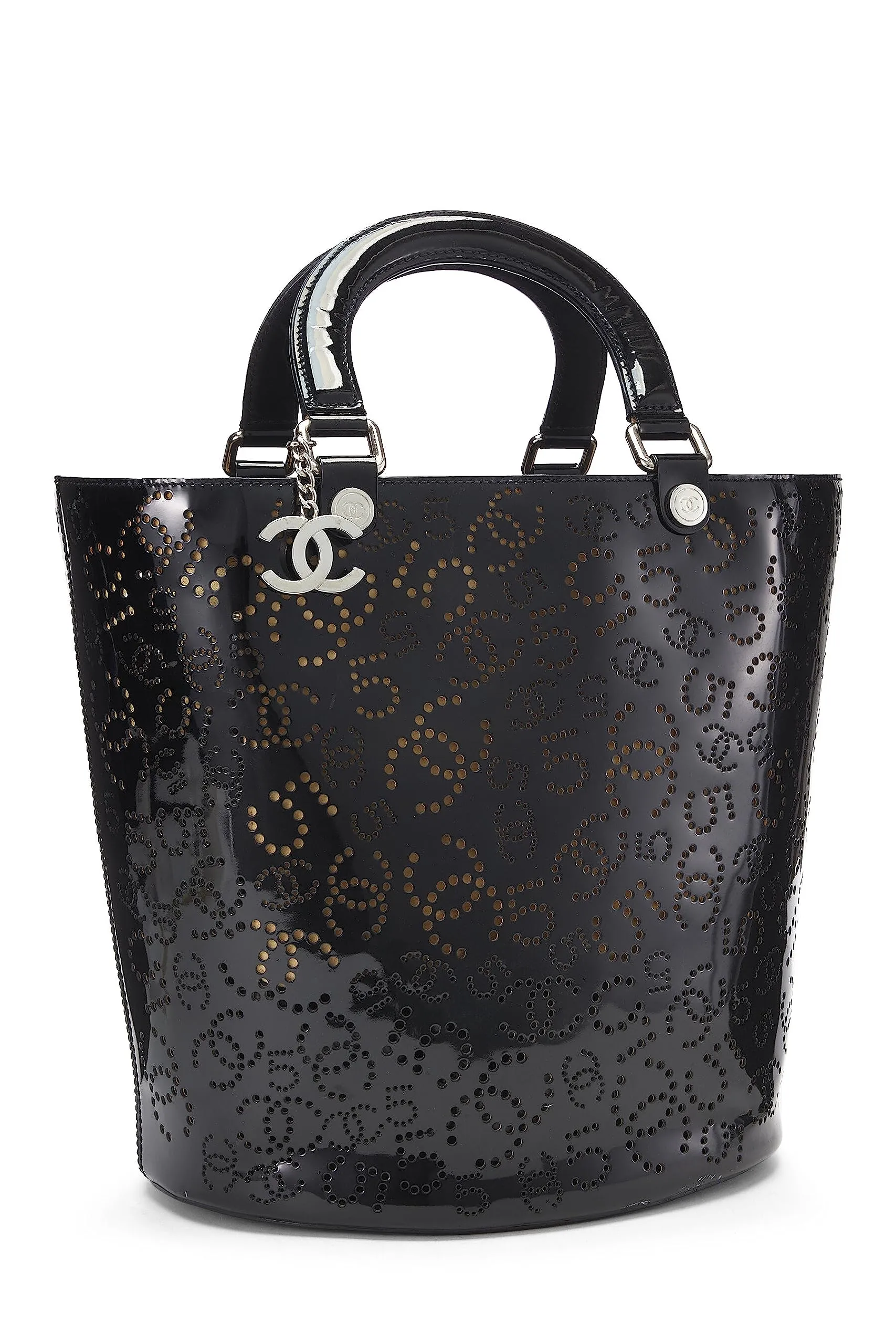 Chanel,  Black Perforated Patent Leather Vertical Bucket Tote, Black
