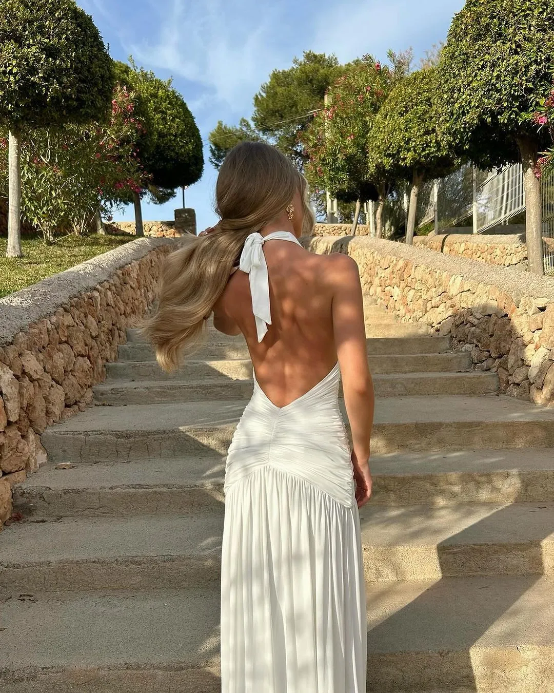 Chiffon Halter V-Neck Split Pleated Summer Elegant White Backless Evening Dress  |Ballbellas