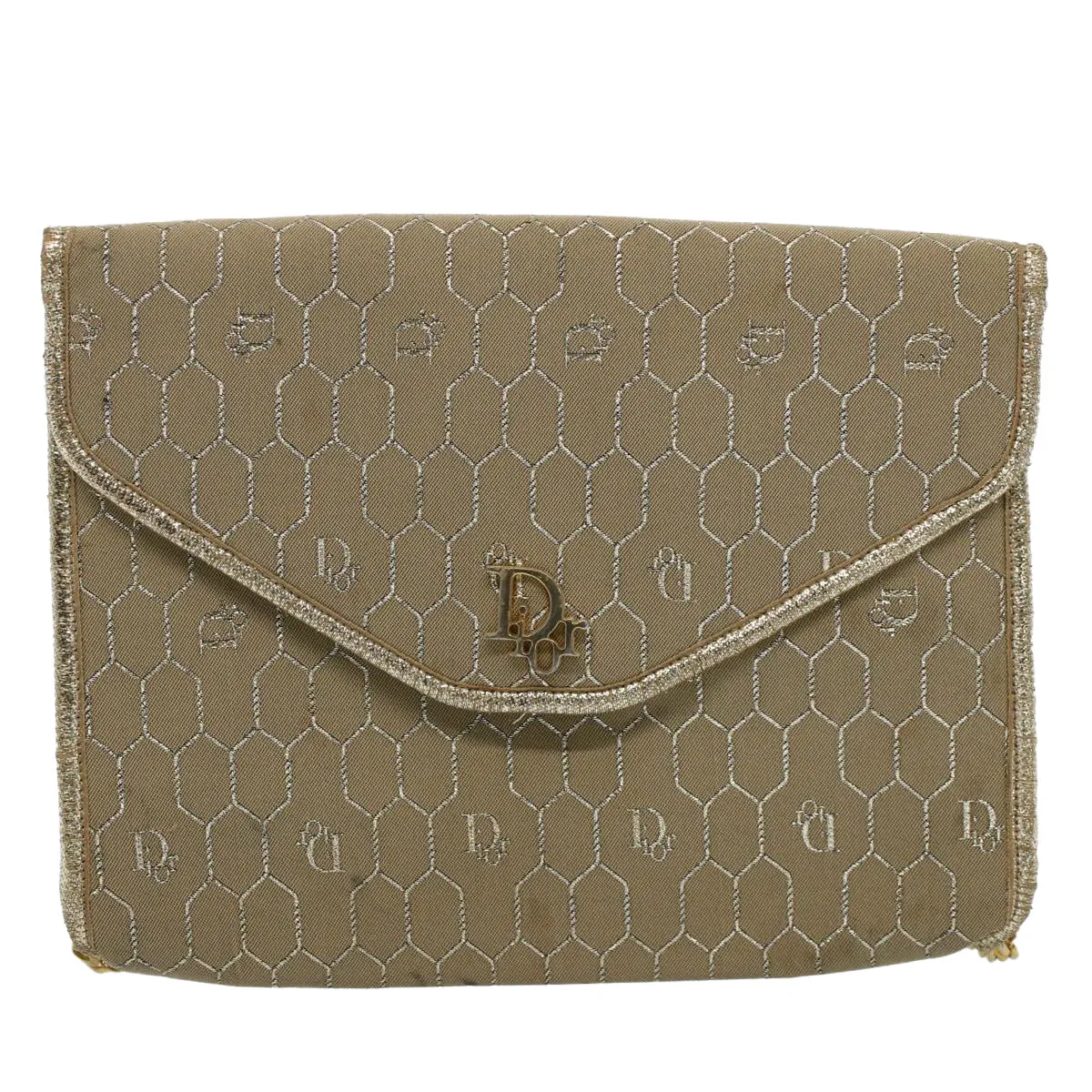 CHRISTIAN DIOR Honeycomb Canvas Chain Shoulder Bag Beige Auth ti1244
