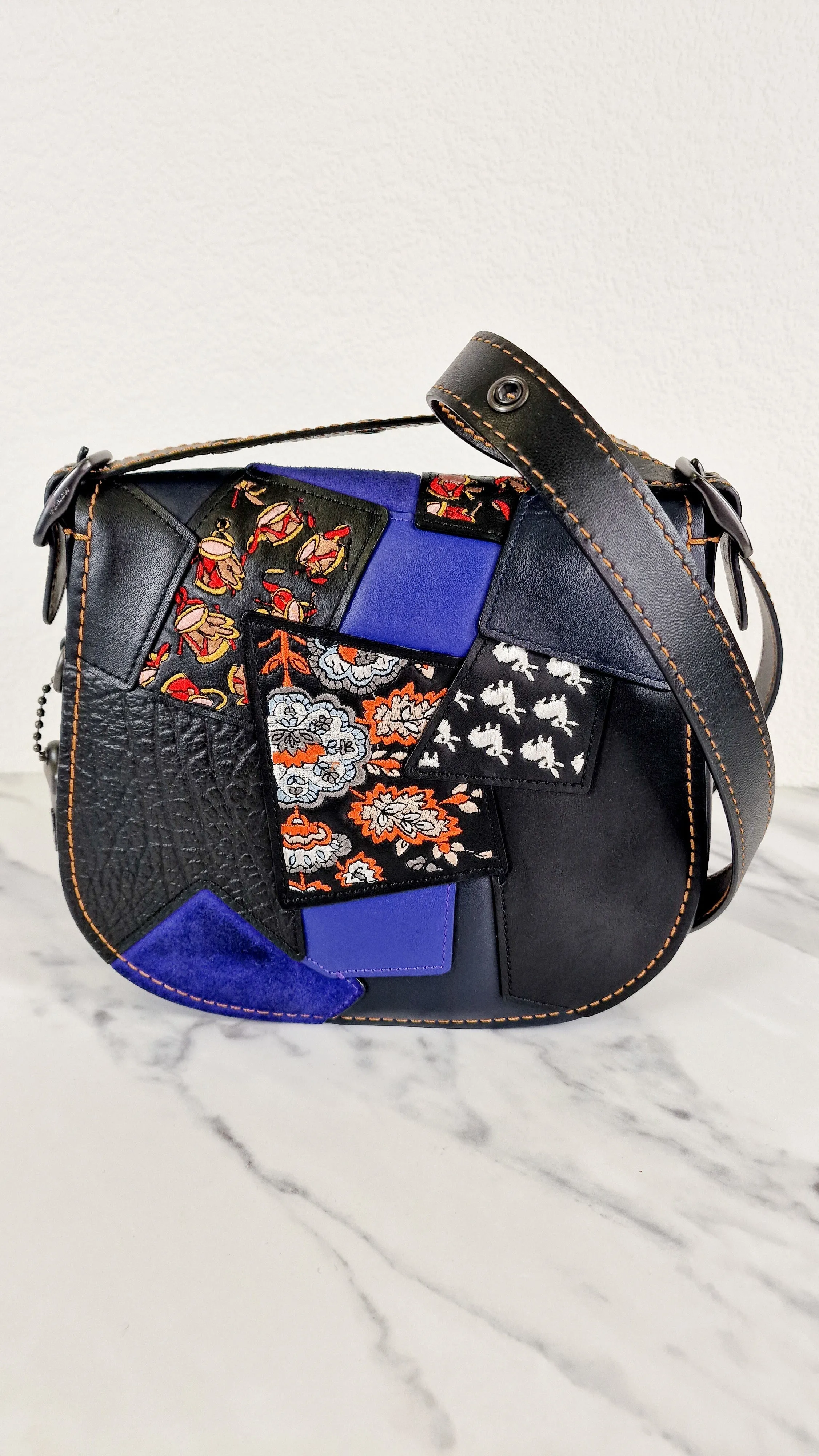 Coach 1941 Saddle 23 Bag in Black Smooth Leather with Patchwork Detail - Purple Orange Crossbody Shoulder Bag Coach 56639
