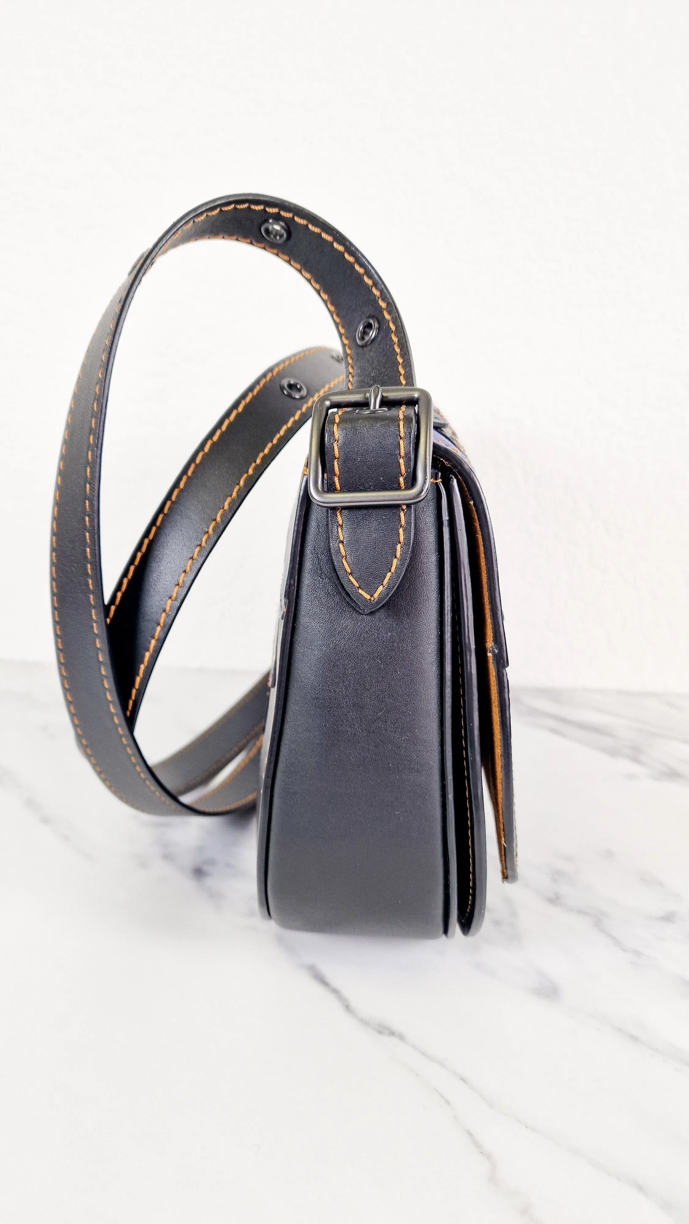 Coach 1941 Saddle 23 Bag in Black Smooth Leather with Patchwork Detail - Purple Orange Crossbody Shoulder Bag Coach 56639