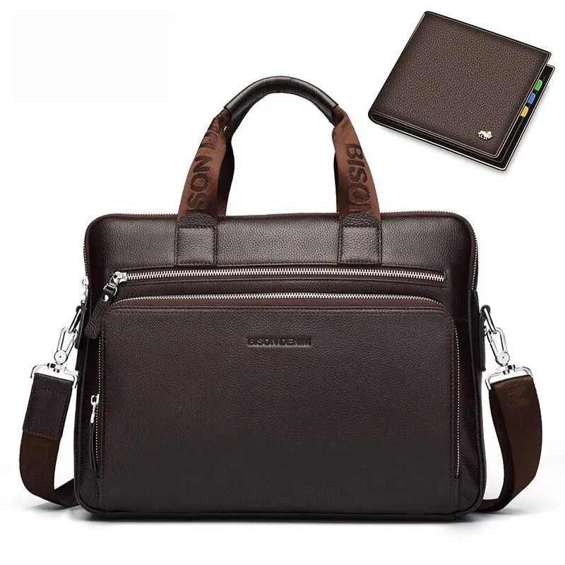DENIM Genuine Leather Men's Briefcase Wallet Natural Cowskin Business Crossbody Bag