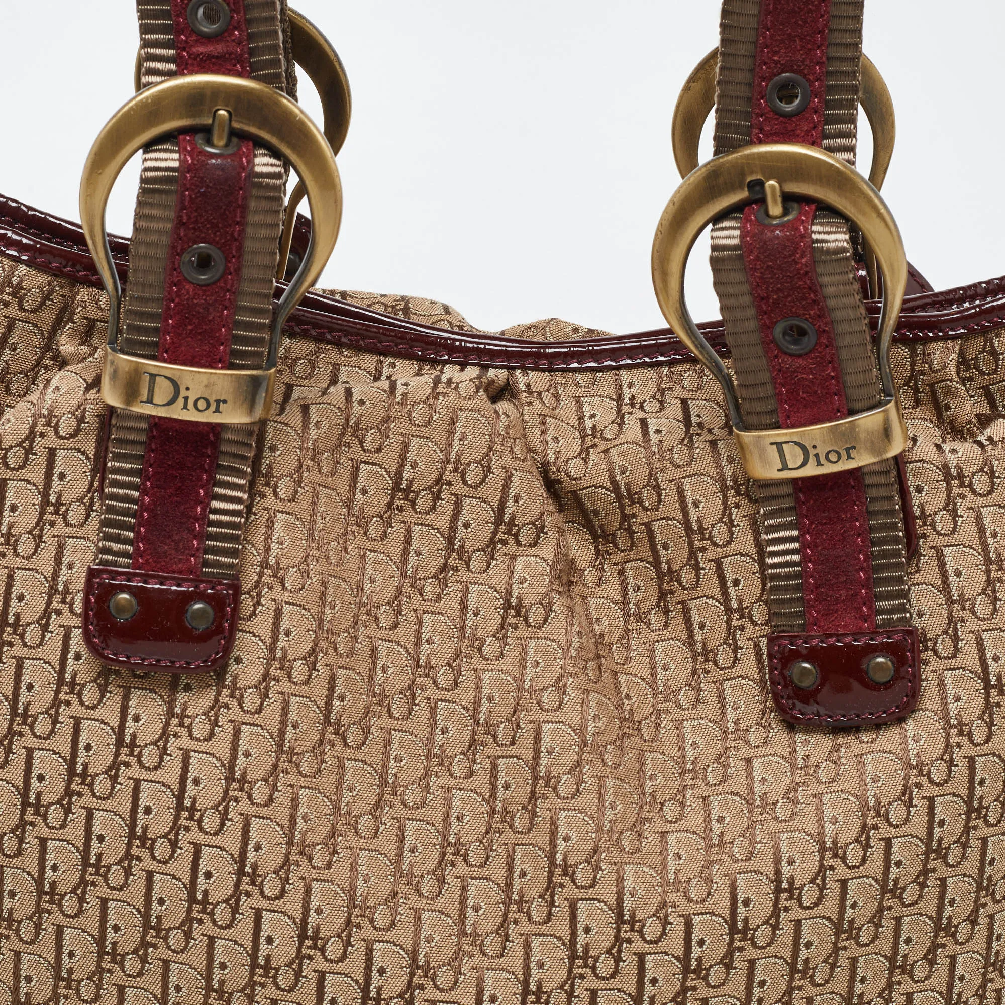 DIOR Beige/Maroon Oblique Canvas,Suede and Patent Leather Tote