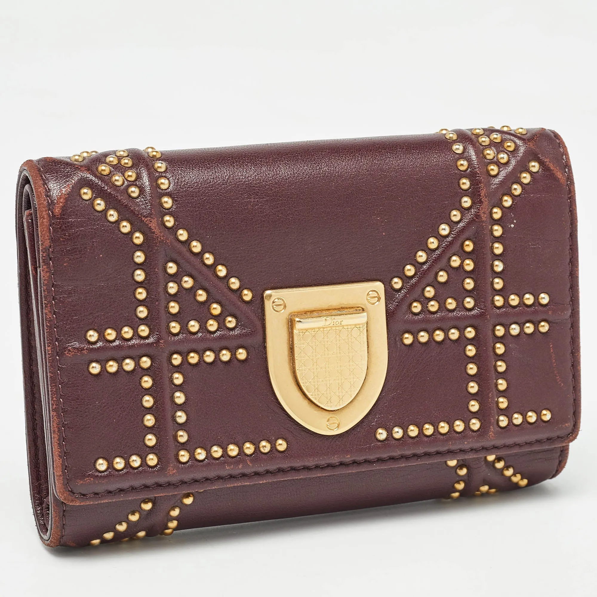DIOR Burgundy Leather Studded ama Trifold Wallet