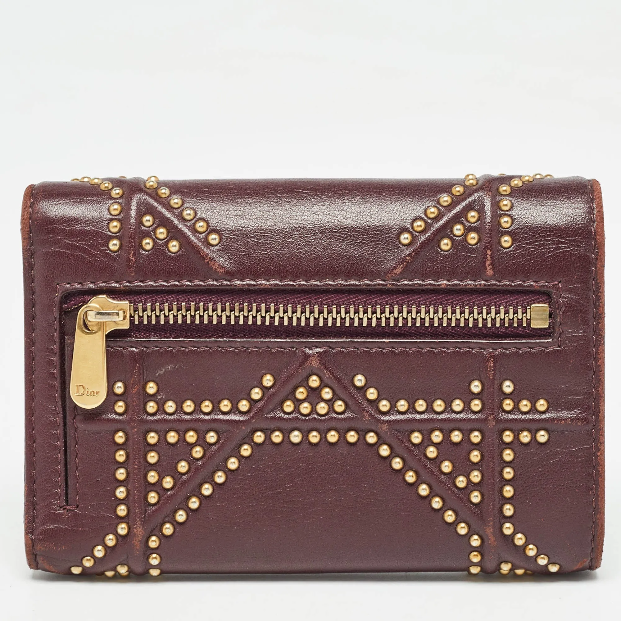 DIOR Burgundy Leather Studded ama Trifold Wallet