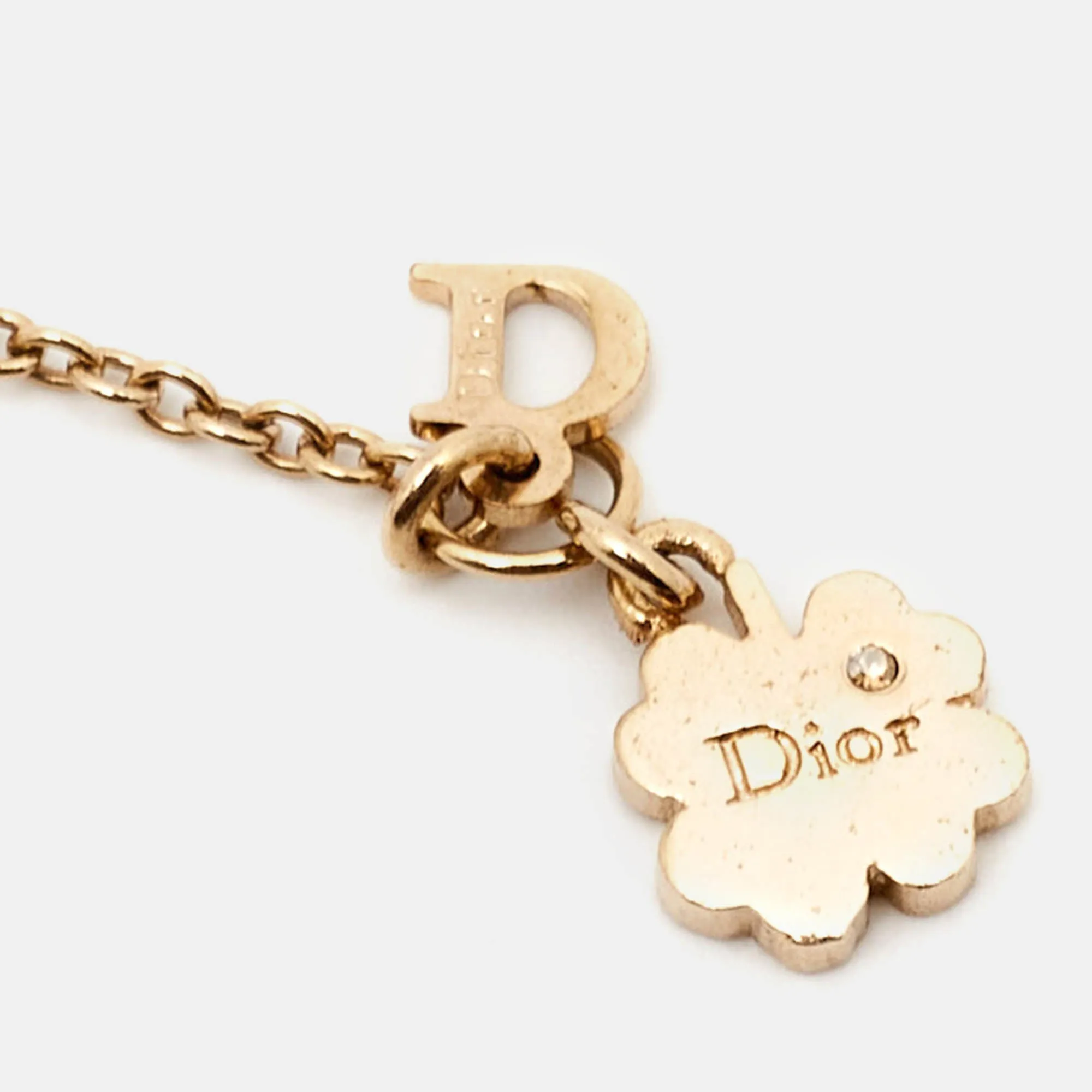 DIOR  Crystal Heart Clover Charms Gold ToneChain Necklace