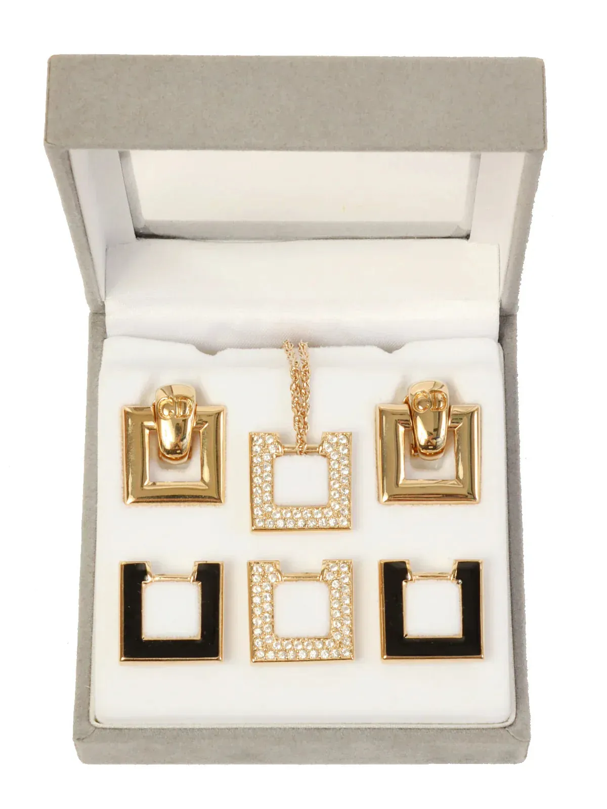 DIOR Square Logo Design Earring Sets Gold/Black/Rhinestone