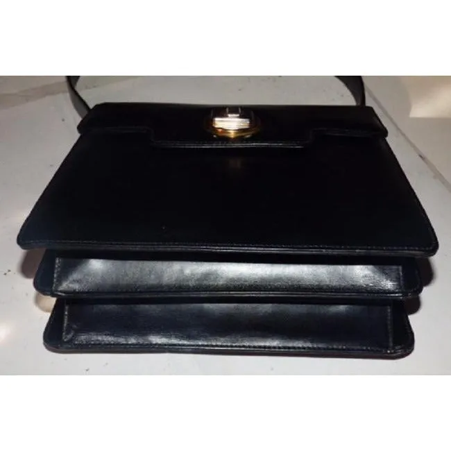 Gucci Kelly Style Black W Bold Gold Hardware Leather Shoulder Bag