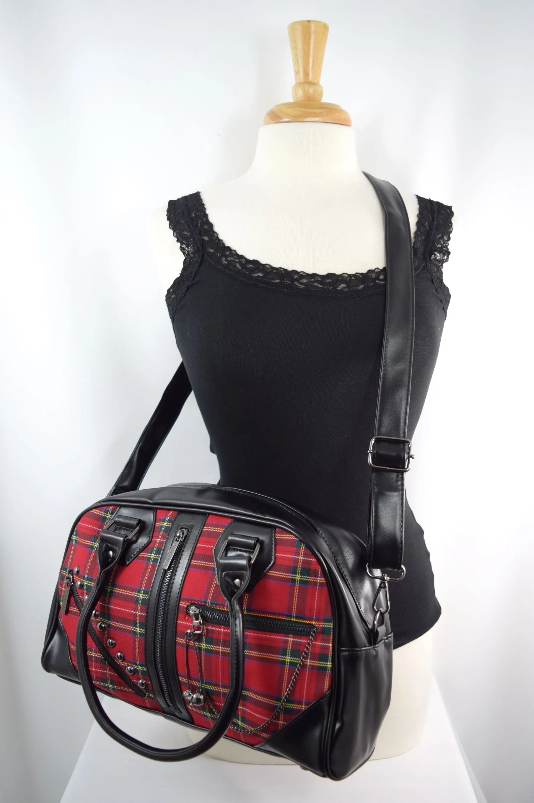 Lost Queen Punk Rock Red Tartan Plaid Bowler Bag