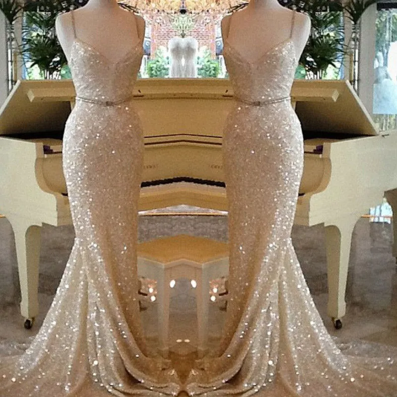 LP9986 Bling Bling Spaghetti Straps Champagne Prom Dress Long Sequins Evening Party Gown  2018