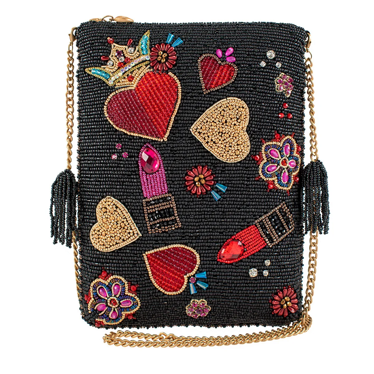 Mary Frances Make Me Up Love Beaded Mini Bag Zipper Handbag Black Red Purse NEW