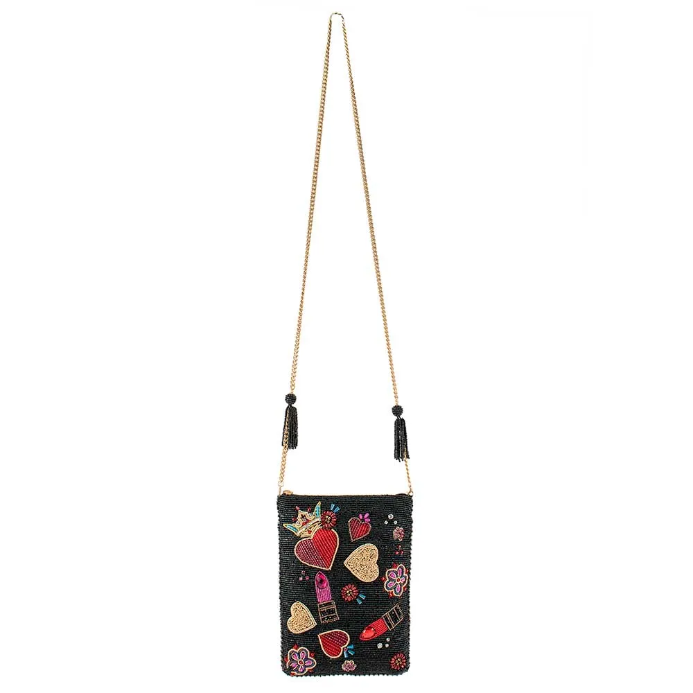 Mary Frances Make Me Up Love Beaded Mini Bag Zipper Handbag Black Red Purse NEW