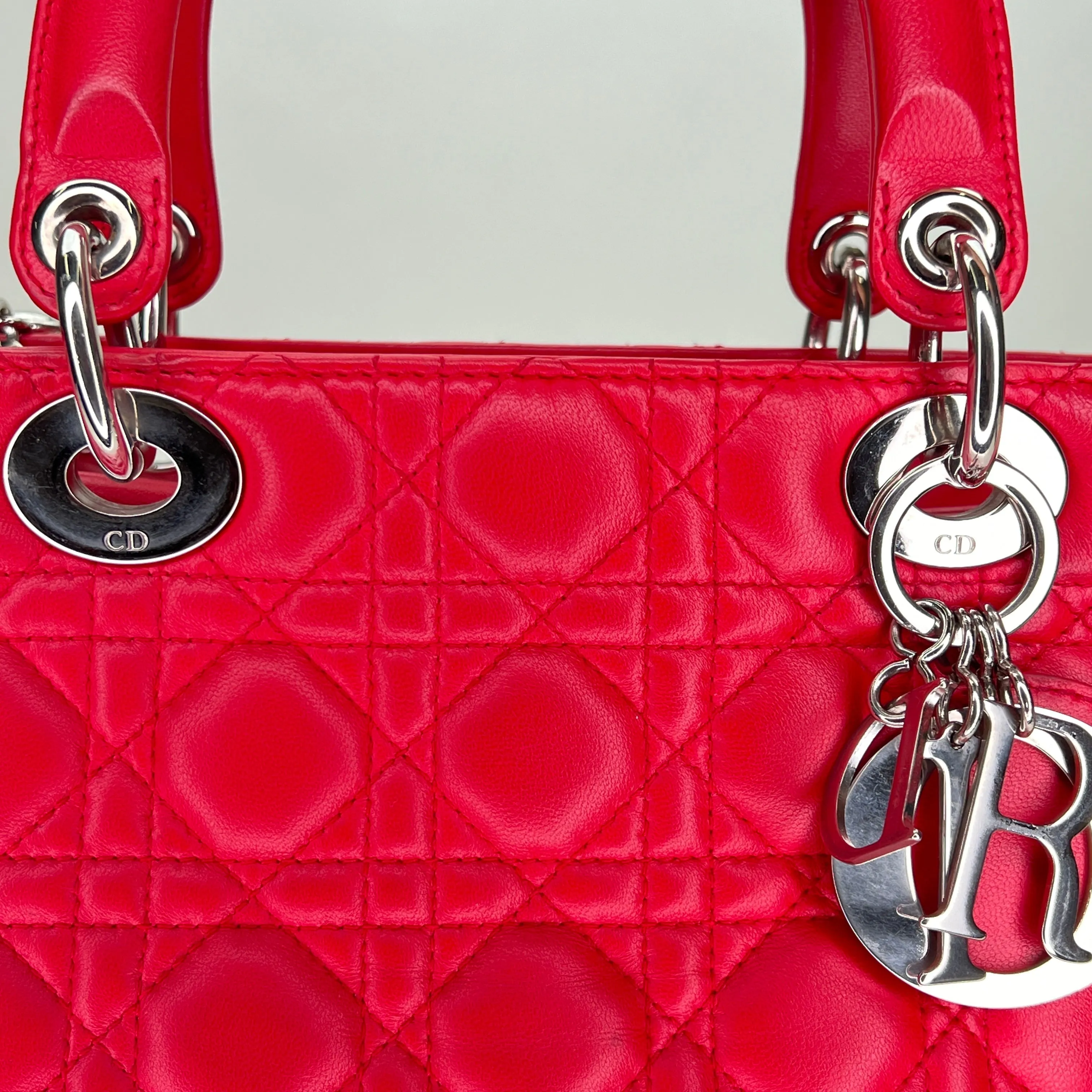 Medium Lady Dior Medium Red Top Handle Bag in Lambskin, Silver hardware