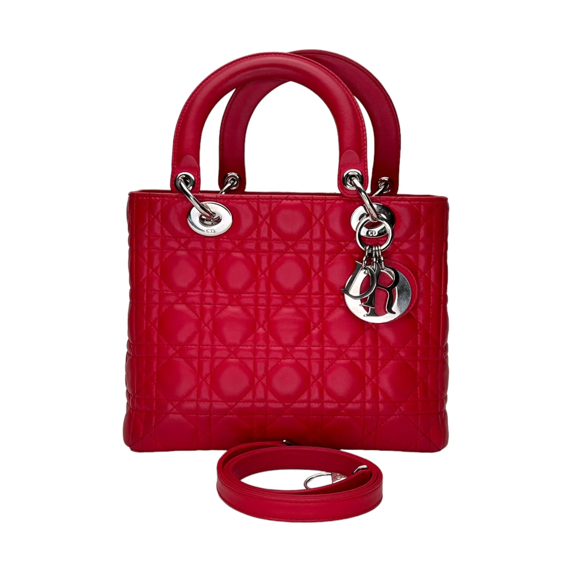 Medium Lady Dior Medium Red Top Handle Bag in Lambskin, Silver hardware
