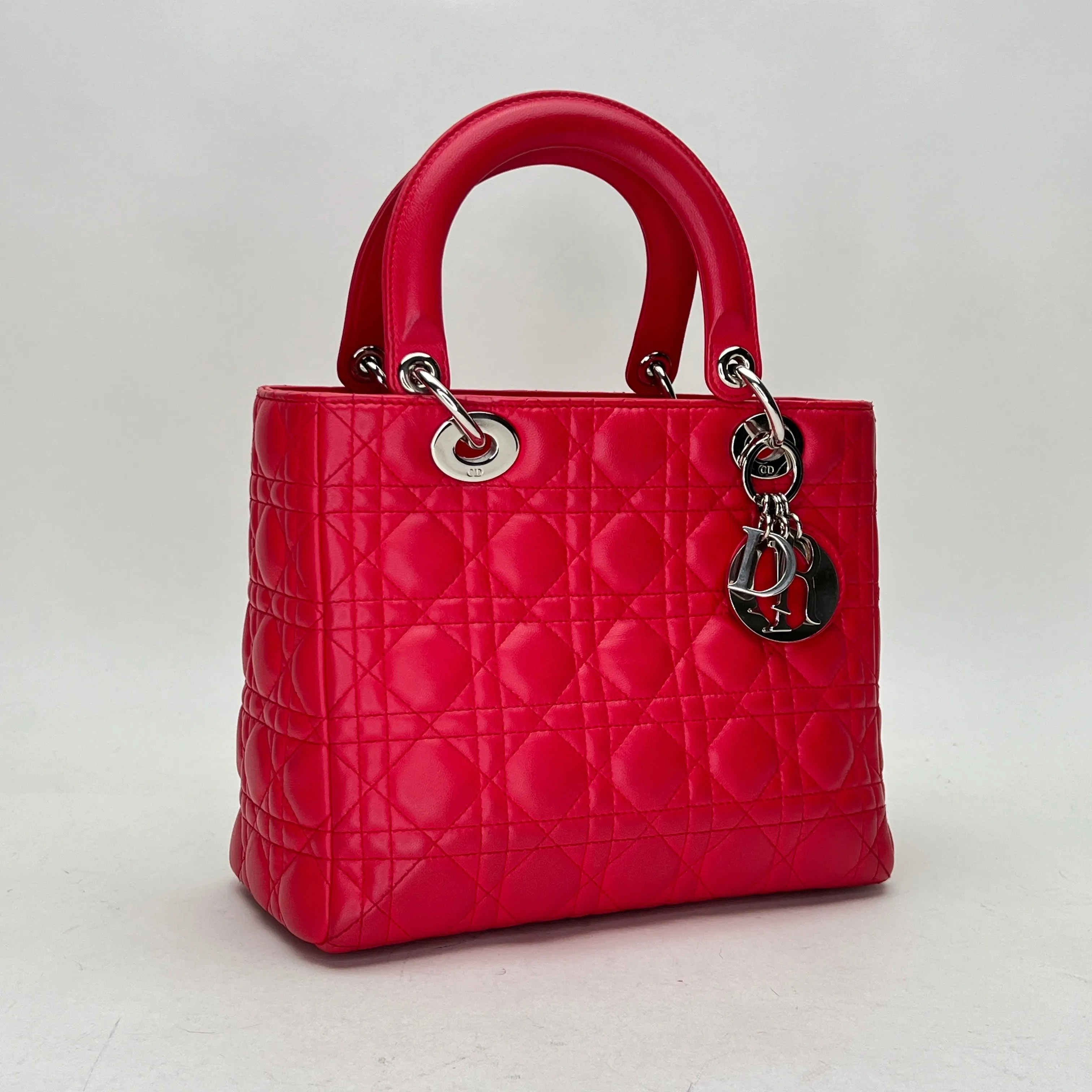 Medium Lady Dior Medium Red Top Handle Bag in Lambskin, Silver hardware