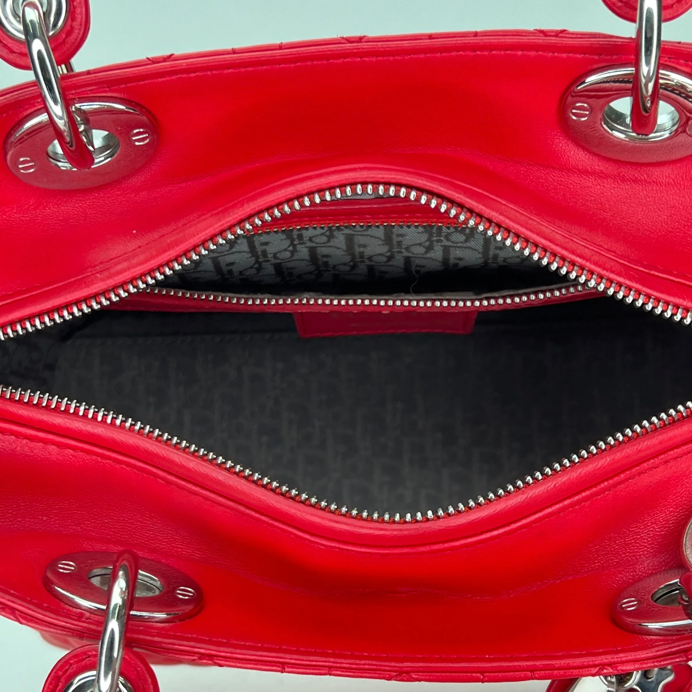 Medium Lady Dior Medium Red Top Handle Bag in Lambskin, Silver hardware