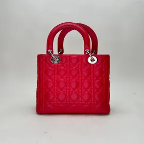 Medium Lady Dior Medium Red Top Handle Bag in Lambskin, Silver hardware
