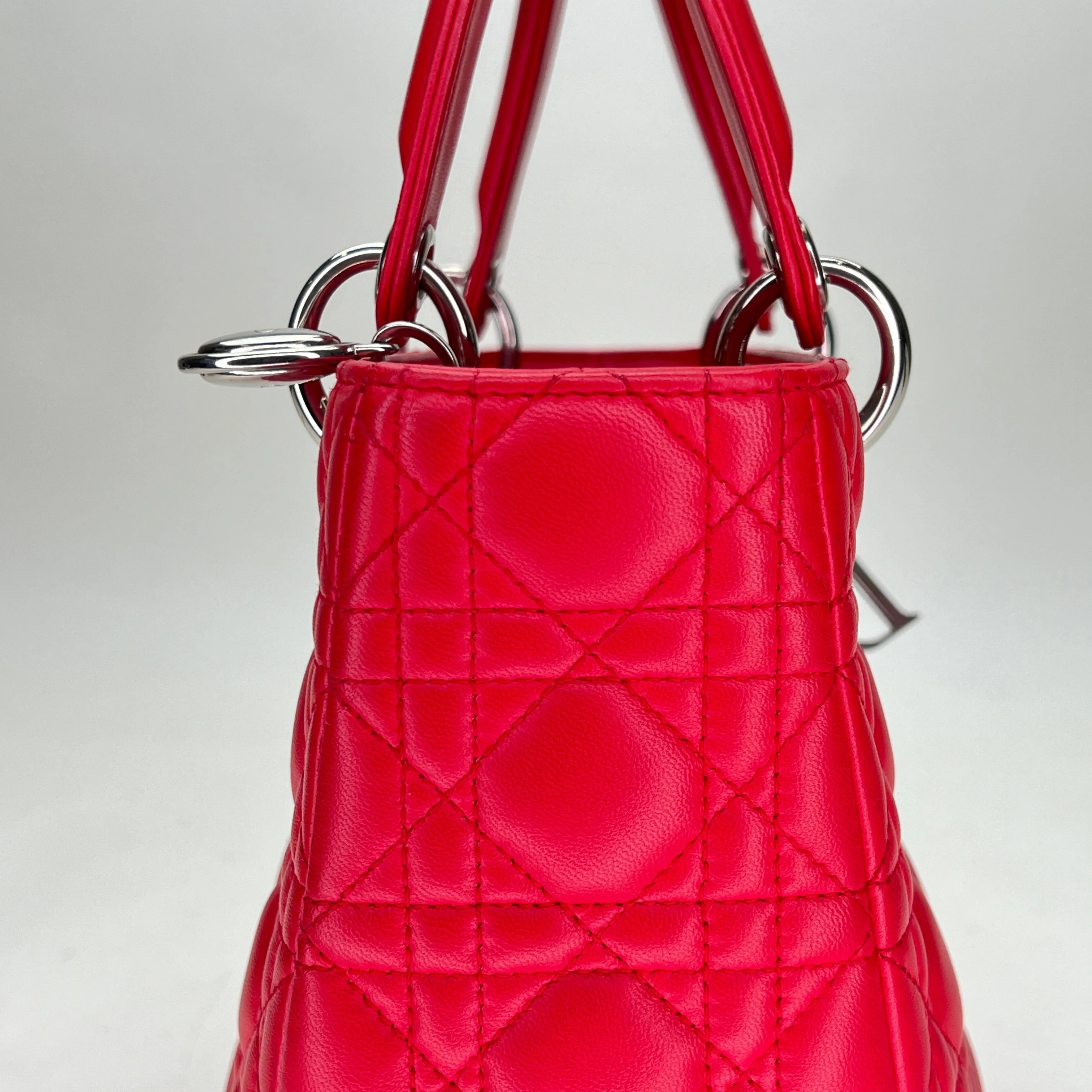 Medium Lady Dior Medium Red Top Handle Bag in Lambskin, Silver hardware