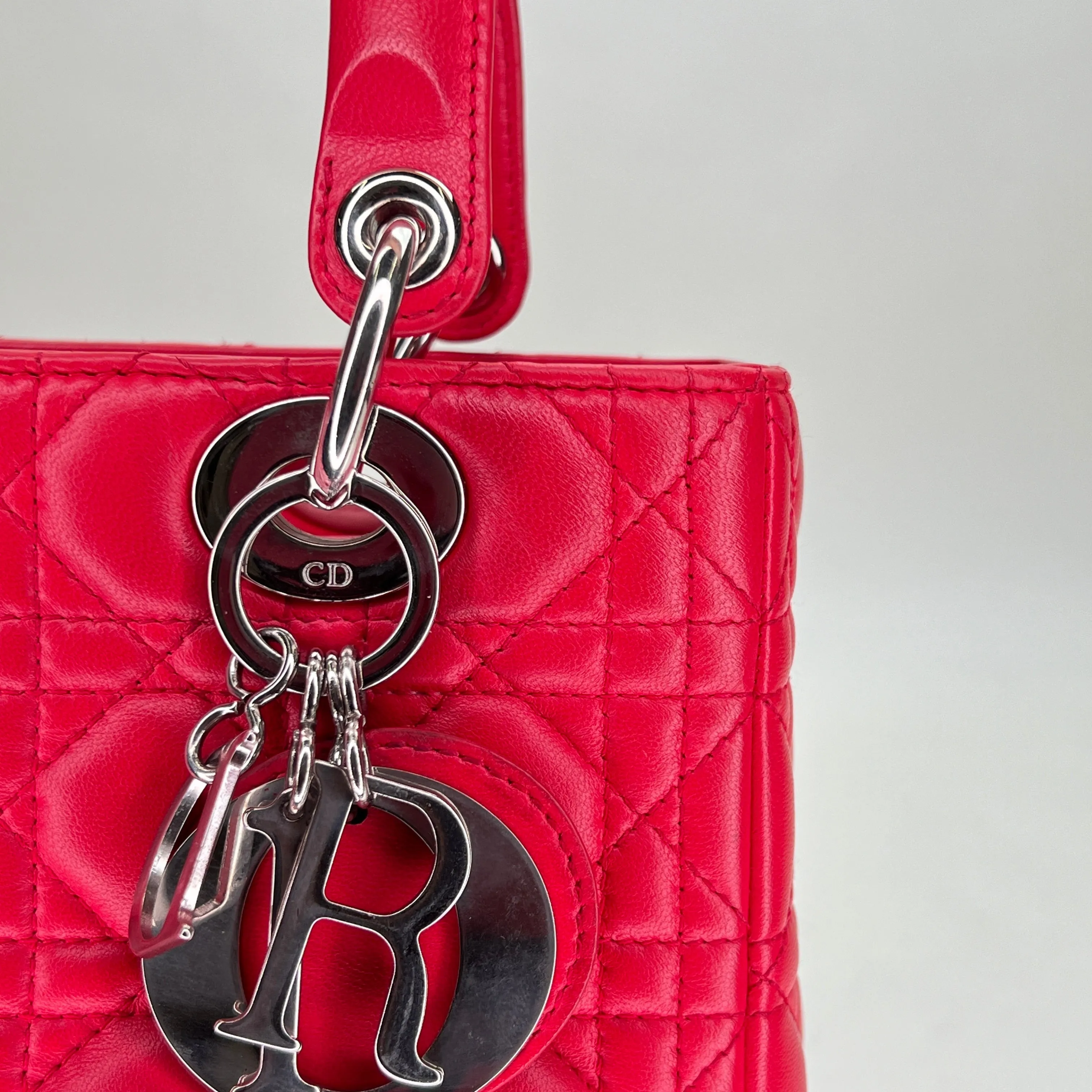 Medium Lady Dior Medium Red Top Handle Bag in Lambskin, Silver hardware