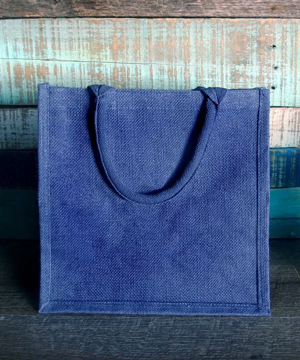 Medium Size Burlap Jute Tote Bags, Blue Color Totes with Handle