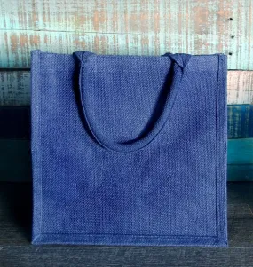 Medium Size Burlap Jute Tote Bags, Blue Color Totes with Handle