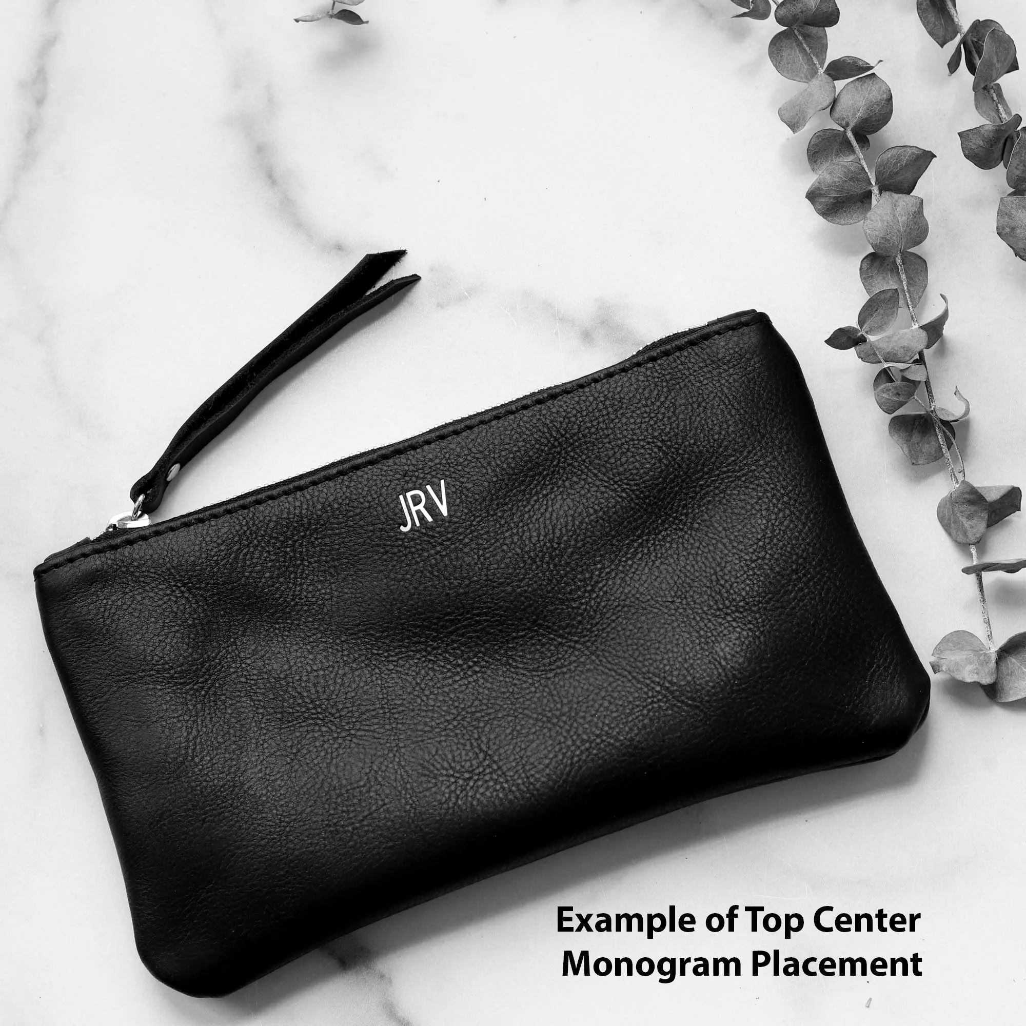 Personalized Leather Zip Clutch - Dark Brown Pull Up