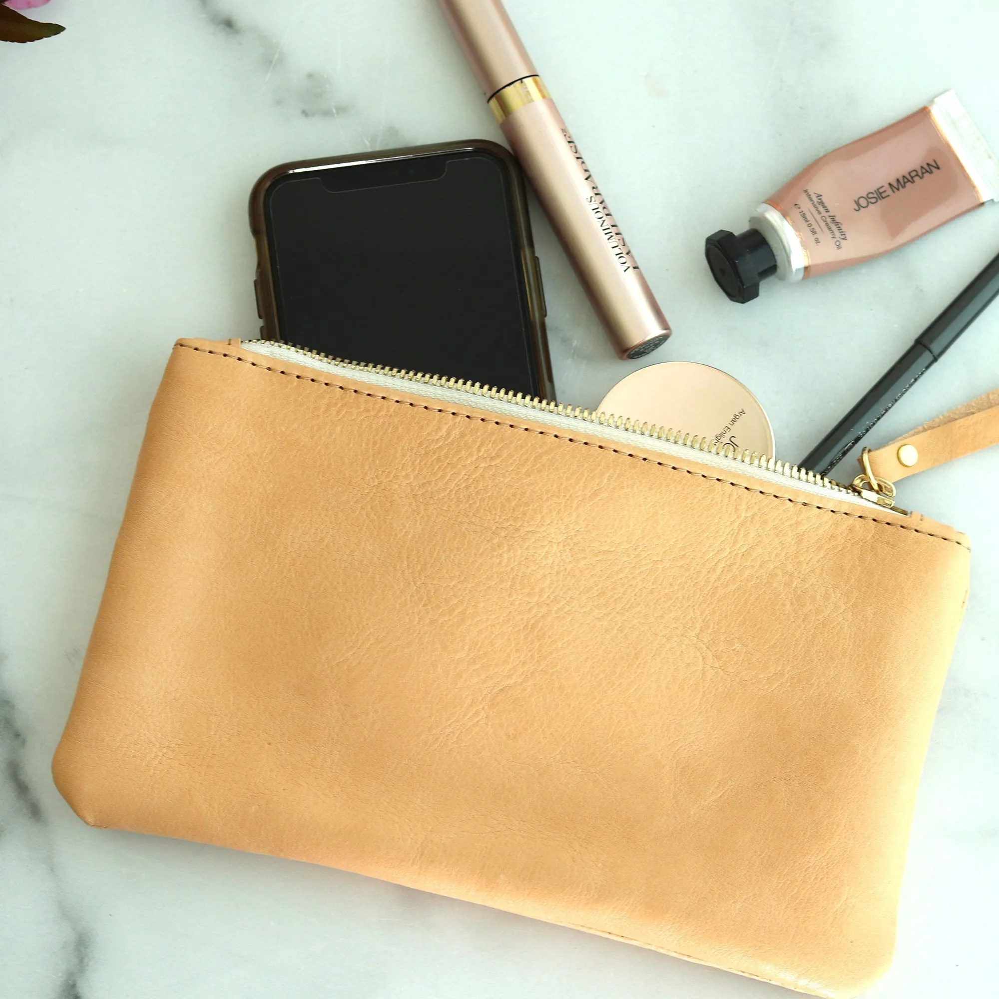 Personalized Leather Zip Clutch - Dark Brown Pull Up