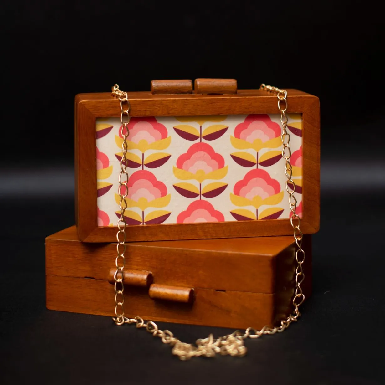 Printed Fabric Wooden Box Clutch for Women