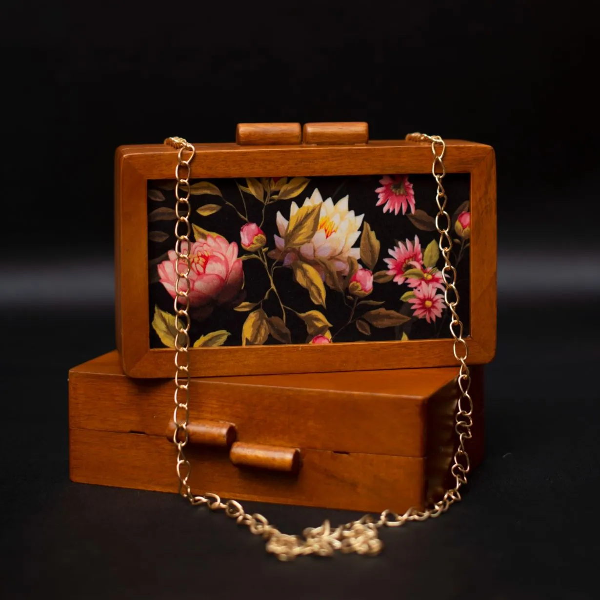 Printed Floral Wooden Box Clutch