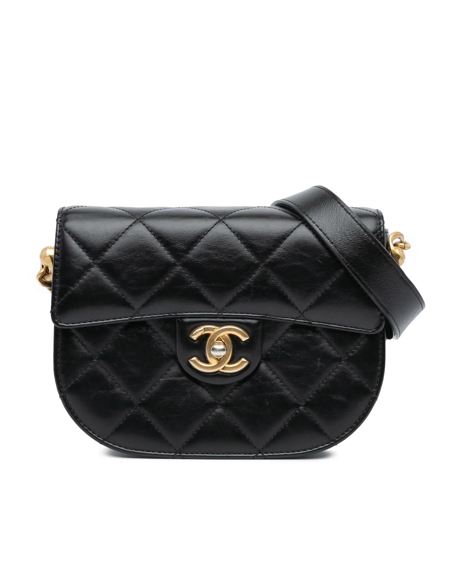 Quilted Calfskin Round Moon Messenger Flap Bag