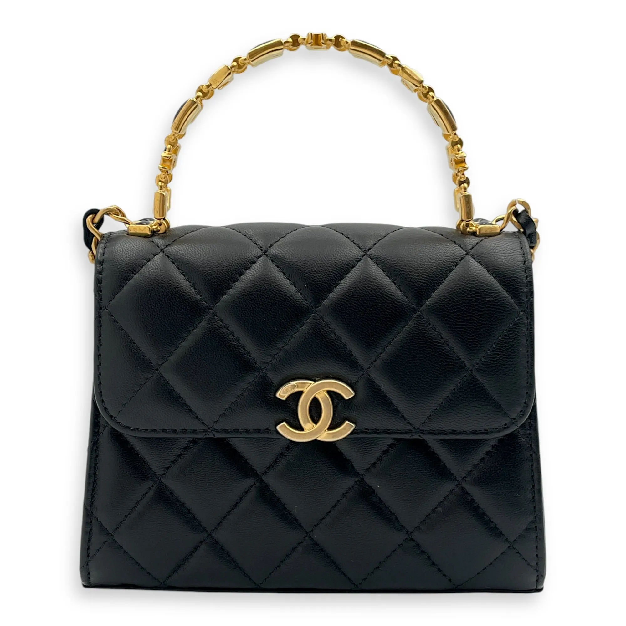 Quilted Mini Top Handle with Chain 15x11.5x4cm Black Crossbody Bag in Lambskin, Gold hardware