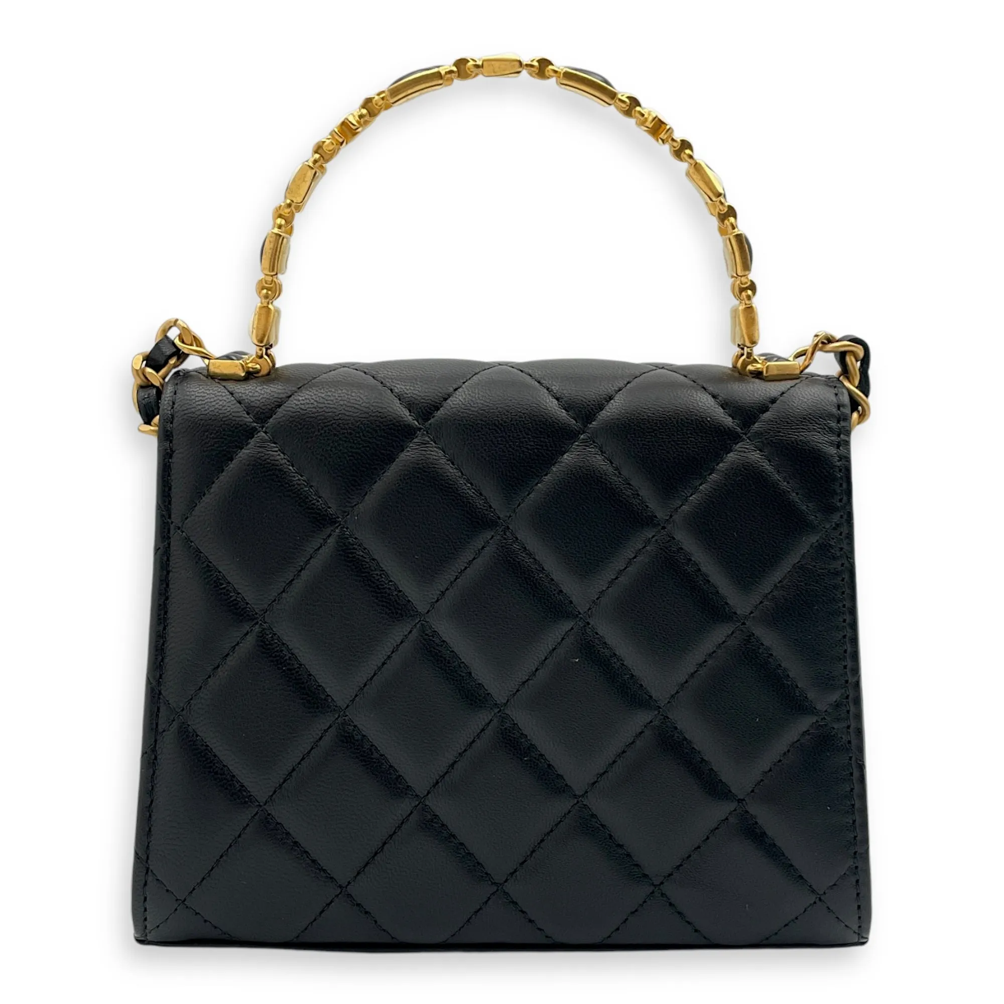 Quilted Mini Top Handle with Chain 15x11.5x4cm Black Crossbody Bag in Lambskin, Gold hardware