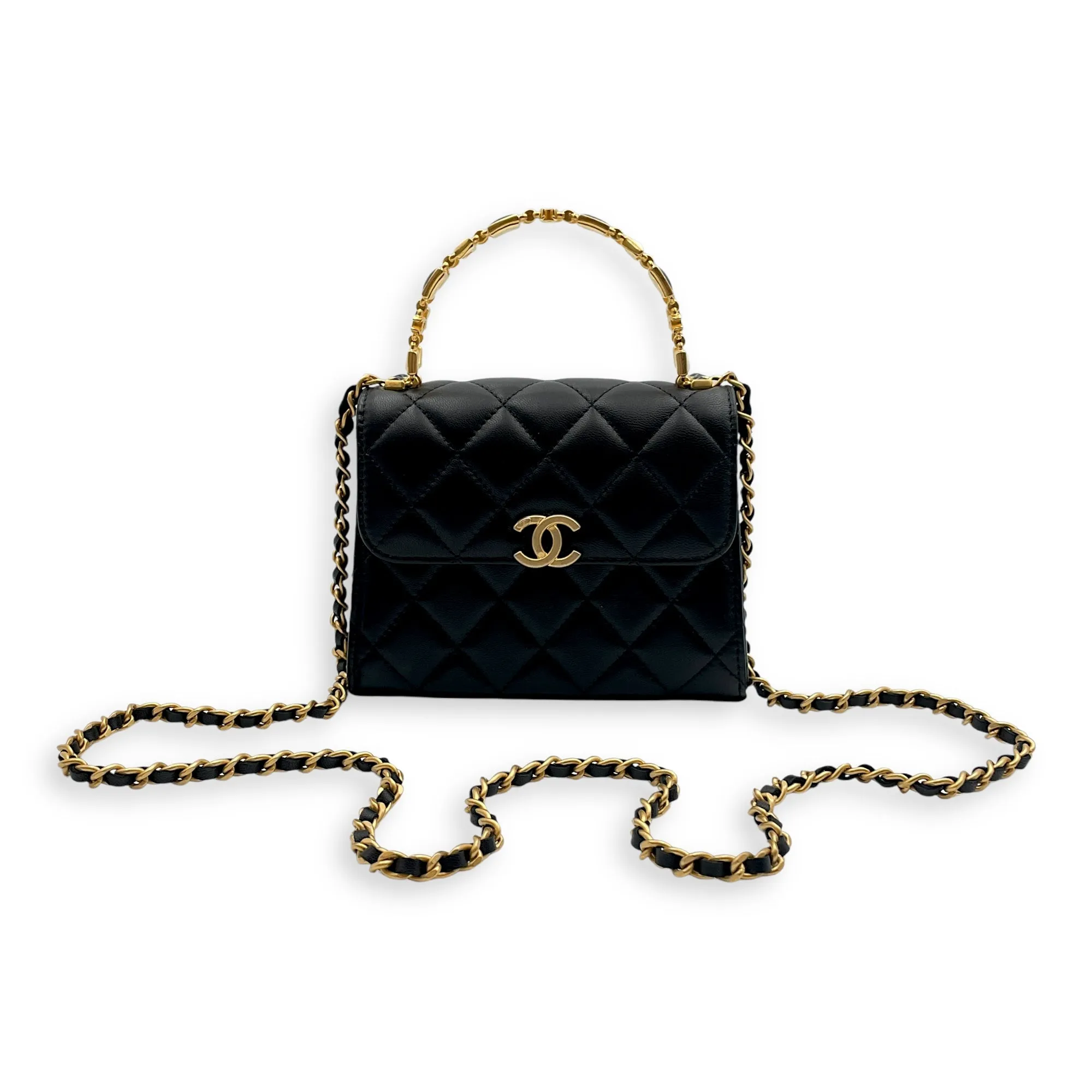 Quilted Mini Top Handle with Chain 15x11.5x4cm Black Crossbody Bag in Lambskin, Gold hardware