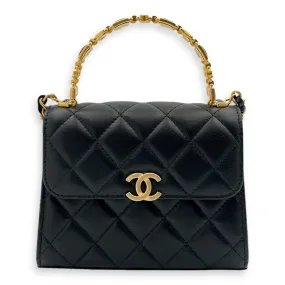 Quilted Mini Top Handle with Chain 15x11.5x4cm Black Crossbody Bag in Lambskin, Gold hardware