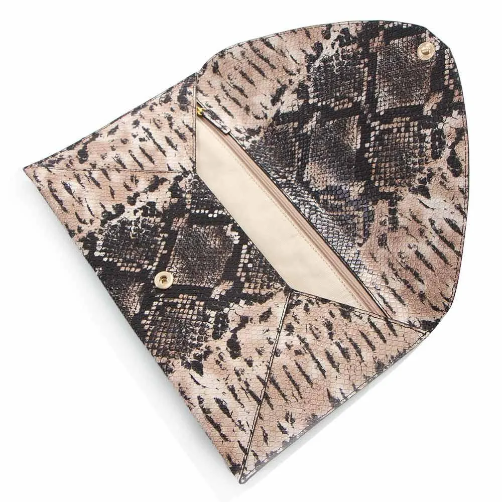 Soho Printed Snake Oversized Envelope Clutch - Brown/Black Snake