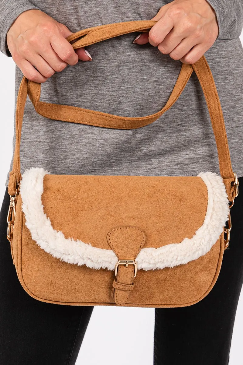 The Aspen Sherpa Trimmed Camel Crossbody