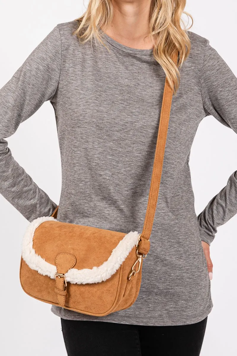 The Aspen Sherpa Trimmed Camel Crossbody