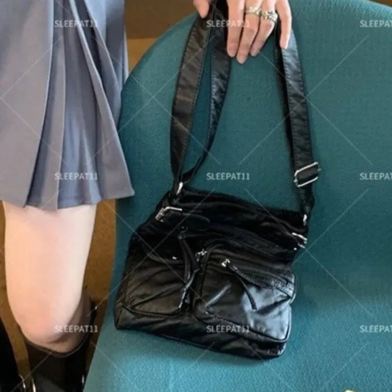 UAKISS  -  Vintage Black Shoulder Bags Women Hot Girls Leather Soft Pocket Messenger Bag Ladies Harajuku Aesthetic Handbag Female