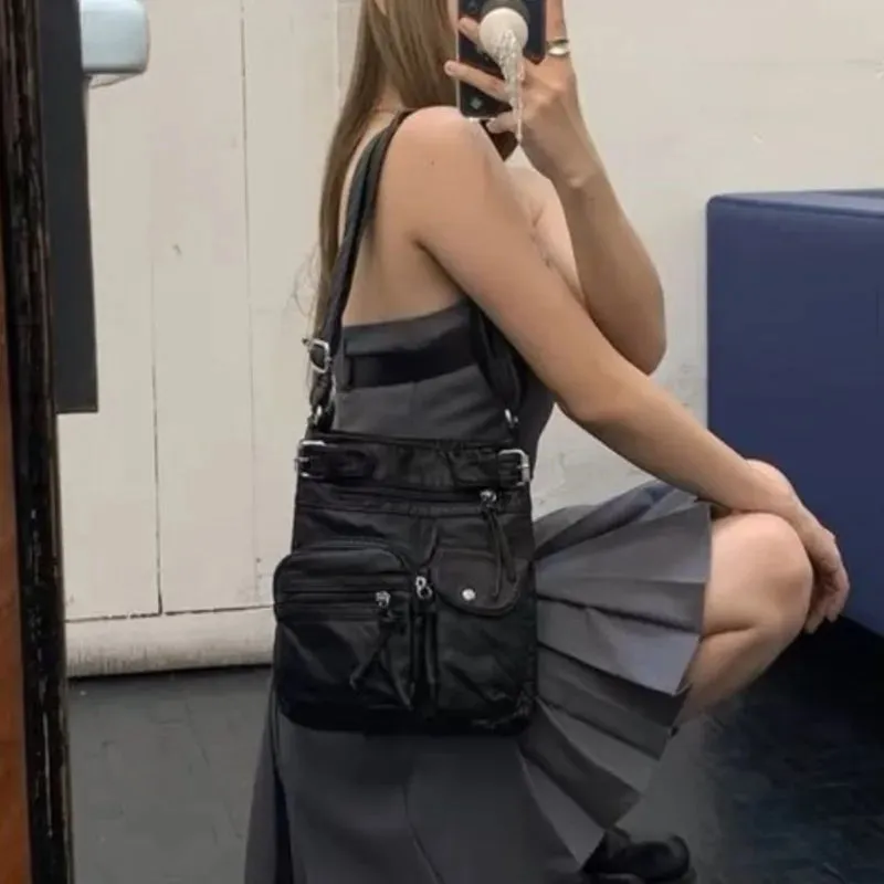 UAKISS  -  Vintage Black Shoulder Bags Women Hot Girls Leather Soft Pocket Messenger Bag Ladies Harajuku Aesthetic Handbag Female