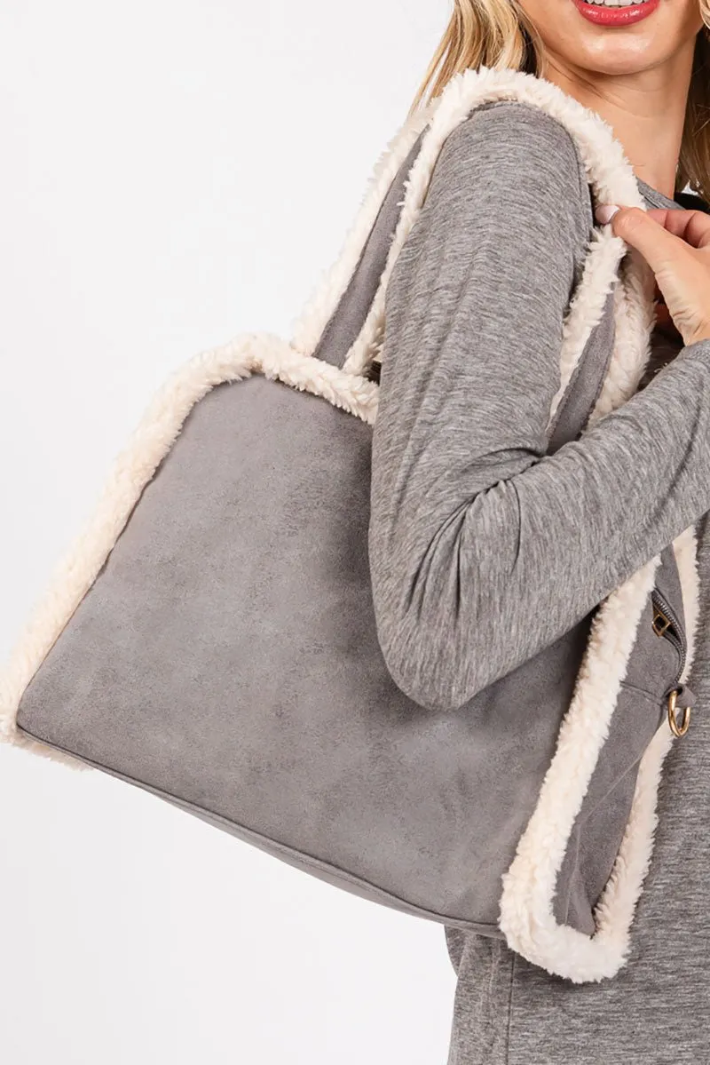 Winter Moonlight Sherpa Trimmed Gray Tote