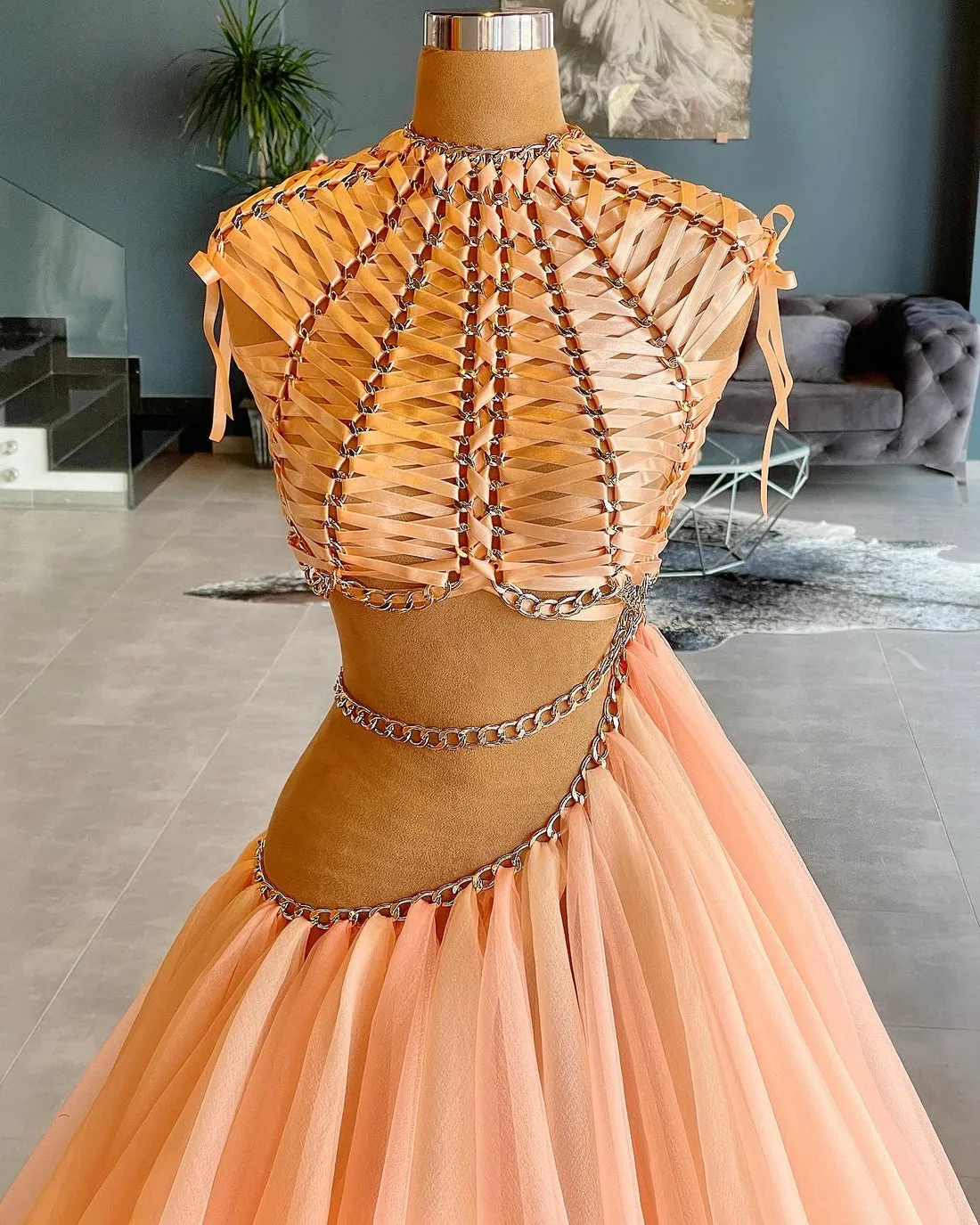 Zariah Pink High Neck  Evening Dress
