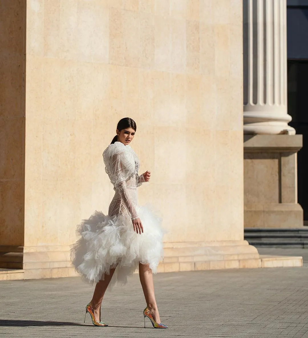 Zora White Elegant Puff Sleeves Evening Dress