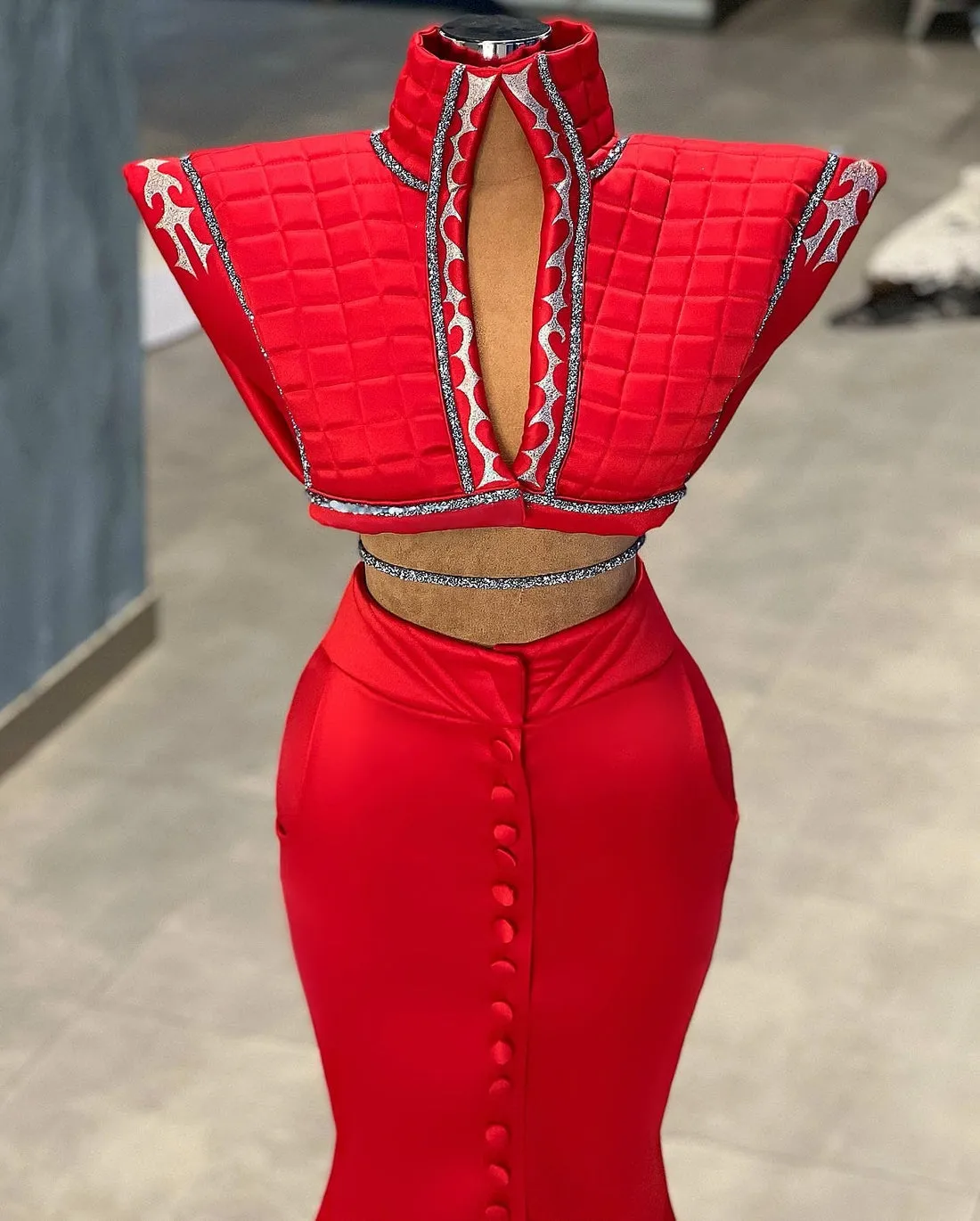 Zoya Red 2 Piece High Neck Evening Dress